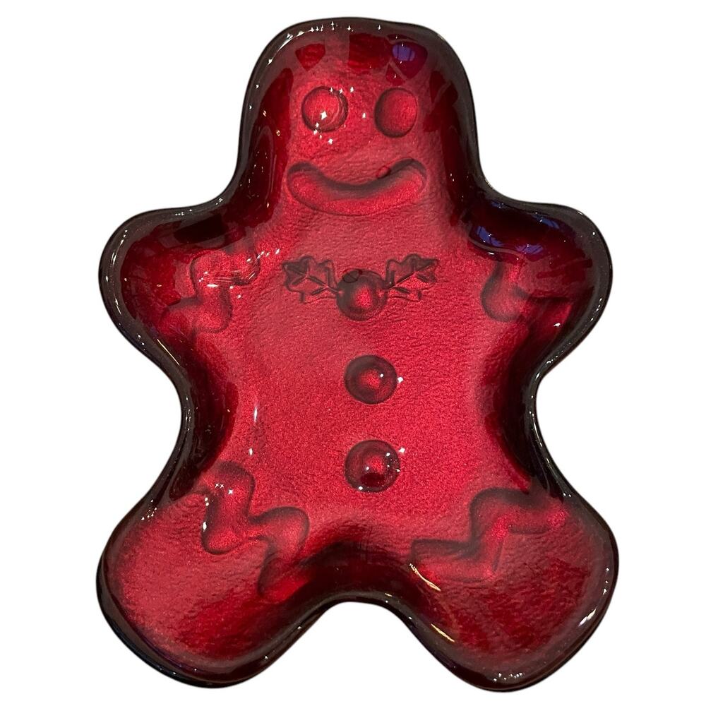 Akcam CHRISTMAS Gingerbread Man Glass Appetizer Plates Holiday Red Set of 4 New